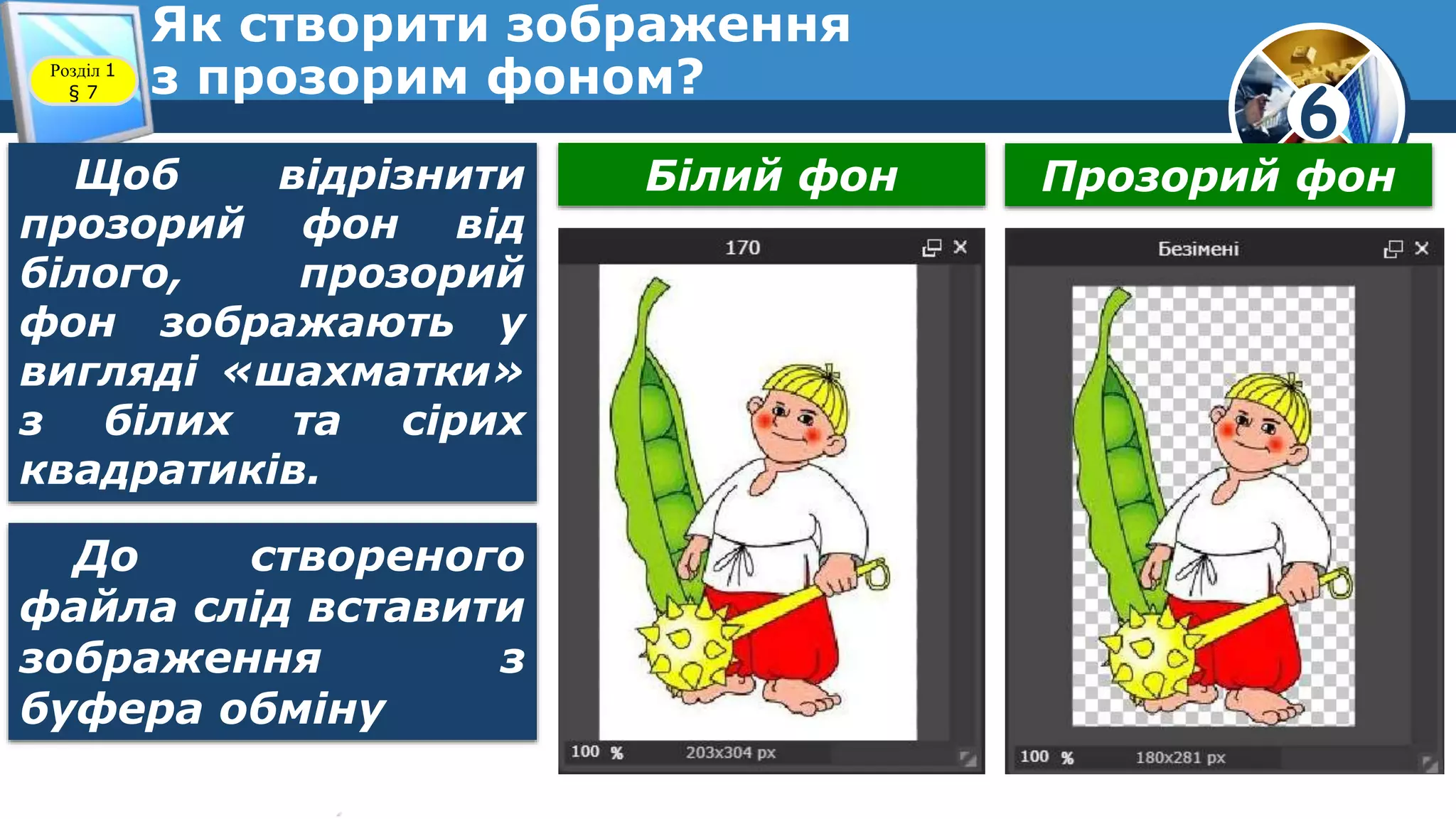 6
Як створити зображення
з прозорим фоном?Розділ 1
§ 7
Щоб відрізнити
прозорий фон від
білого, прозорий
фон зображають у
вигляді «шахматки»
з білих та сірих
квадратиків.
До створеного
файла слід вставити
зображення з
буфера обміну
Білий фон Прозорий фон
 