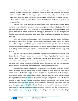 Cara berbagai kebudayaan di dunia mengkonsepsikan ke 5 masalah universal
tersebut mungkin berbeda-beda. Walaupun kemungkinan untuk bervariasi itu terbatas
adanya. Misalnya MH ada kebudayaan yang memandang hidup manusia itu pada
hakekatnya suatu hal yang buruk dan menyedihkan, oleh karena itu harus dihindari.
Tetapi manusia dapat mengusahakan untuk menjadikannya suatu hal yang baik dan
mengembirakan.
        Masalah MK, ada kebudayaan-kebudayaan yang memandang bahwa karya
manusia pada hakekatnya bertujuan untuk memungkinkan hidup. Kebudayaan lain lagi
menganggap hakekat dari karya manusia itu memberikannya suatu kedudukan yang
penuh kehormatan dalam masyarakat. Sedangkan kebudayaan lain lagi menganggap
hakekat karya manusia itu sebagai suatu gerak hidup yang harus menghasilkan lebih banyak
karya lagi.
        MW, ada kebudayaan-kebudayaan yang memandang penting dalam kehidupan
manusia itu masa yang lampau. Dalam kebudayaan-kebudayaan serupa itu orang
akan lebih sering mengambil sebagai pedoman dalam tindakannya. Kebudayaan lain lagi
malahan justru mementingkan pandangan yang berorientasi sejauh mungkin terhadap masa yang
akan datang. Dalam kebudayaan seperti itu perencanaan hidup menjadi suatu hal yang amat
penting.
        MA, ada kebudayaan-kebudayaan yang memandang alam sebagai suatu hal yang
begitu dasyat sehingga manusia pada hakekatnya hanya dapat bersifat menyerah saja
tanpa dapat berusaha banyak. Sebaliknya banyak pula kebudayaan lain yang
memandang alam sebagai suatu hal yang dapat dilawan oleh manusia, dan mewajibkan
manusia untuk selalu berusaha menaklukan alam. Kebudayaan lain lagi menganggap
bahwa manusia hanya dapat berusaha mencari keselarasan dengan alam.
        MM, ada kebudayaan-kebudayaan yang sangat mementingkan hubungan vertikal
antara manusia dengan sesamanya. Dalam tingkah lakunya manusia yang hidup
dalam suatu kebudayaan serupa itu akan berpedoman kepada tokoh-tokoh pemimpin,
orang-orang senior, atau orang-orang atasan. Kebudayaan lain lebih mementingkan
hubungan horizontal antara manusia dengan sesamanya. Orang dalam suatu kebudayaan
serupa itu akan sangat merasa tergantung kepada sesamanya, dan usaha untuk
memelihara hubungan baik dengan tetangganya dan sesamanya merupakan suatu hal
yang dianggap sangat penting dalam hidup. Kecuali itu, ada banyak kebudayaan lain yang tidak
membenarkan anggapan bahwa manusia itu tergantung kepada orang lain dalam hidupnya.
Kebudayaan serupa itu, yang sangat mementingkan invidualiame, menilai tinggi




               Antropologi                 Pusat Pengembangan Bahan Ajar
  ‘11      3                               Universitas Mercu Buana
               Nunnie Widagdo, P.Si. MM.
 