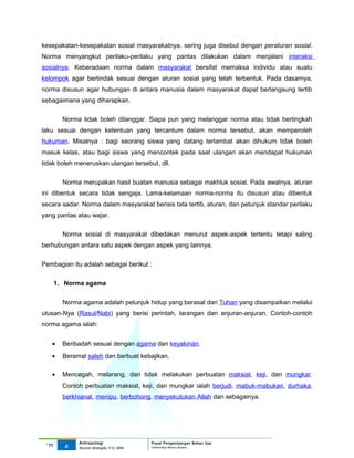 kesepakatan-kesepakatan sosial masyarakatnya, sering juga disebut dengan peraturan sosial.
Norma menyangkut perilaku-perilaku yang pantas dilakukan dalam menjalani interaksi
sosialnya. Keberadaan norma dalam masyarakat bersifat memaksa individu atau suatu
kelompok agar bertindak sesuai dengan aturan sosial yang telah terbentuk. Pada dasarnya,
norma disusun agar hubungan di antara manusia dalam masyarakat dapat berlangsung tertib
sebagaimana yang diharapkan.

         Norma tidak boleh dilanggar. Siapa pun yang melanggar norma atau tidak bertingkah
laku sesuai dengan ketentuan yang tercantum dalam norma tersebut, akan memperoleh
hukuman. Misalnya : bagi seorang siswa yang datang terlambat akan dihukum tidak boleh
masuk kelas, atau bagi siswa yang mencontek pada saat ulangan akan mendapat hukuman
tidak boleh meneruskan ulangan tersebut, dll.


         Norma merupakan hasil buatan manusia sebagai makhluk sosial. Pada awalnya, aturan
ini dibentuk secara tidak sengaja. Lama-kelamaan norma-norma itu disusun atau dibentuk
secara sadar. Norma dalam masyarakat berisis tata tertib, aturan, dan petunjuk standar perilaku
yang pantas atau wajar.


         Norma sosial di masyarakat dibedakan menurut aspek-aspek tertentu tetapi saling
berhubungan antara satu aspek dengan aspek yang lainnya.


Pembagian itu adalah sebagai berikut :

       1. Norma agama


         Norma agama adalah petunjuk hidup yang berasal dari Tuhan yang disampaikan melalui
utusan-Nya (Rasul/Nabi) yang berisi perintah, larangan dan anjuran-anjuran. Contoh-contoh
norma agama ialah:


   •     Beribadah sesuai dengan agama dan keyakinan.
   •     Beramal saleh dan berbuat kebajikan.

   •     Mencegah, melarang, dan tidak melakukan perbuatan maksiat, keji, dan mungkar.
         Contoh perbuatan maksiat, keji, dan mungkar ialah berjudi, mabuk-mabukan, durhaka,
         berkhianat, menipu, berbohong, menyekutukan Allah dan sebagainya.




              Antropologi                 Pusat Pengembangan Bahan Ajar
 ‘11      8                               Universitas Mercu Buana
              Nunnie Widagdo, P.Si. MM.
 