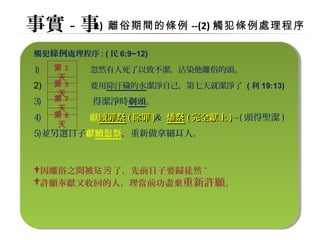 事實-事1) 離俗期間的條例--(2)觸犯條例處理程序 
觸犯條例處理程序: (民6:9~12) 
1) 第1 
忽然有人死了以致不潔，沾染他離俗的頭。 
天 
2) 第3 
要用除汙穢的水潔淨自己，第七天就潔淨了 (利19:13) 
第天 
3) 7 
得潔淨時剃頭。 
天 
4) 第8 
獻贖罪祭((除罪))& 燔祭((完全獻上)) ~(頭得聖潔) 
天 
5)並另選日子獻贖愆祭，重新做拿細耳人。 
因離俗之間被玷污了，先前日子要歸徒然~ 
許願奉獻又收回的人，理當前功盡棄重新許願。 
 