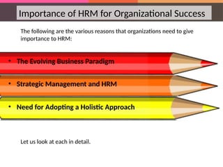Importance of HRM for Organizational Success
The following are the various reasons that organizations need to give
importance to HRM:
• The Evolving Business Paradigm
• Strategic Management and HRM
• Need for Adopting a Holistic Approach
Let us look at each in detail.
 