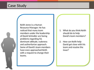 Case Study
Keith Jones is a Human
Resource Manager. He has
noticed that many team
members under the leadership
of David Schindler are facing
problems regarding his
dominant attitude, rudeness
and authoritarian approach.
Some of David’s team members
have even approached Keith
with a request to change their
teams.
1. What do you think Keith
should do to help
David’s team members?
2. How can Keith help
David get close with his
team and resolve the
issue?
 