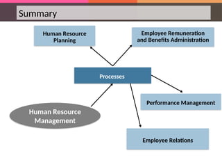 Summary
Processes
Human Resource
Planning
Performance Management
Employee Remuneration
and Benefits Administration
Employee Relations
Human Resource
Management
 