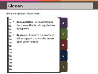 A
F
R
S
T
Glossary
Click each alphabet to learn more.
• Remuneration - Remuneration is
the money that is paid regularly for
doing work
• Resource - Resource is a source of
aid or support that may be drawn
upon when needed
 
