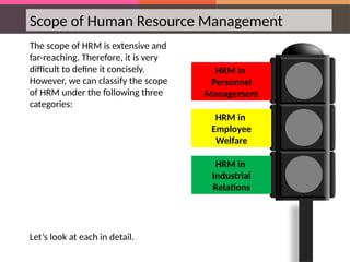 Scope of Human Resource Management
The scope of HRM is extensive and
far-reaching. Therefore, it is very
difficult to define it concisely.
However, we can classify the scope
of HRM under the following three
categories:
Let’s look at each in detail.
HRM in
Personnel
Management
HRM in
Employee
Welfare
HRM in
Industrial
Relations
 