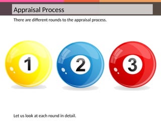 Appraisal Process
There are different rounds to the appraisal process.
Let us look at each round in detail.
 