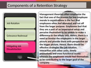 Components of a Retention Strategy
Grievance Redressal
Job Rotation
Mitigating Job
Dissatisfaction
Mitigating Job
Dissatisfaction
Management theorists often emphasize the
fact that one of the reasons for low employee
morale in organizations is the fact that
employees often feel alienated and cut off
from the larger purpose. Employees feel that
they are a part of an impersonal setup and
perceive themselves to be unable to make a
difference to the whole unit. Hence, there is a
need to involve the employees in the larger
picture and provide them with perspective on
the bigger picture. Hence, there should be
effective strategies like job rotation,
interaction with other units, timely
promotions and cross functional teams
wherein the employees would feel themselves
to be contributing to the larger goal of the
company.
 