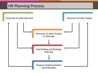 HR Planning Process
Forecasts of Labor Demand Forecasts of Labor Supply
Forecasts of Labor Surplus
or Shortage
Goal Setting and Strategic
Planning
Program Implementation
and Evaluation
 