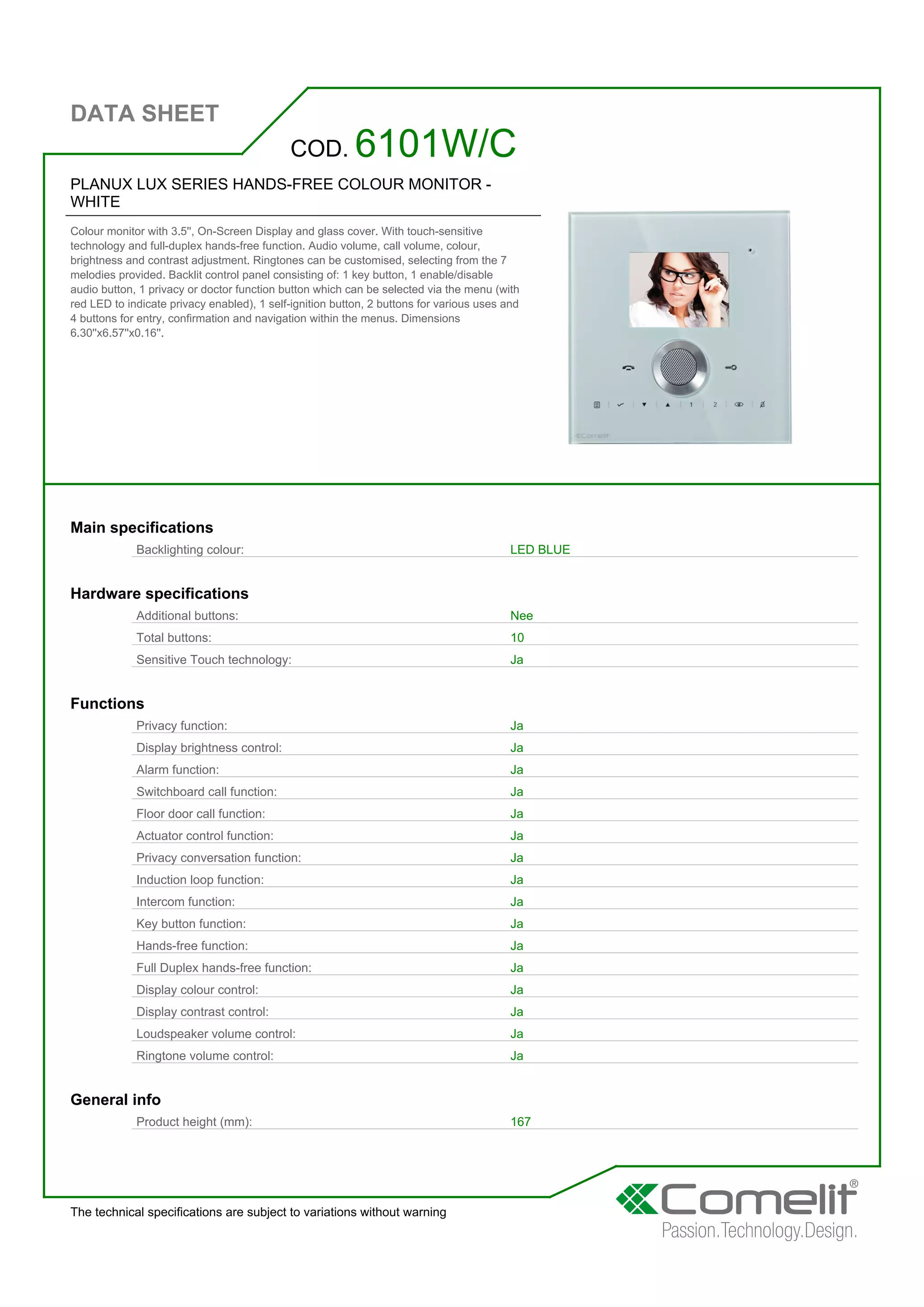 Comelit 6101WC Data Sheet | PDF