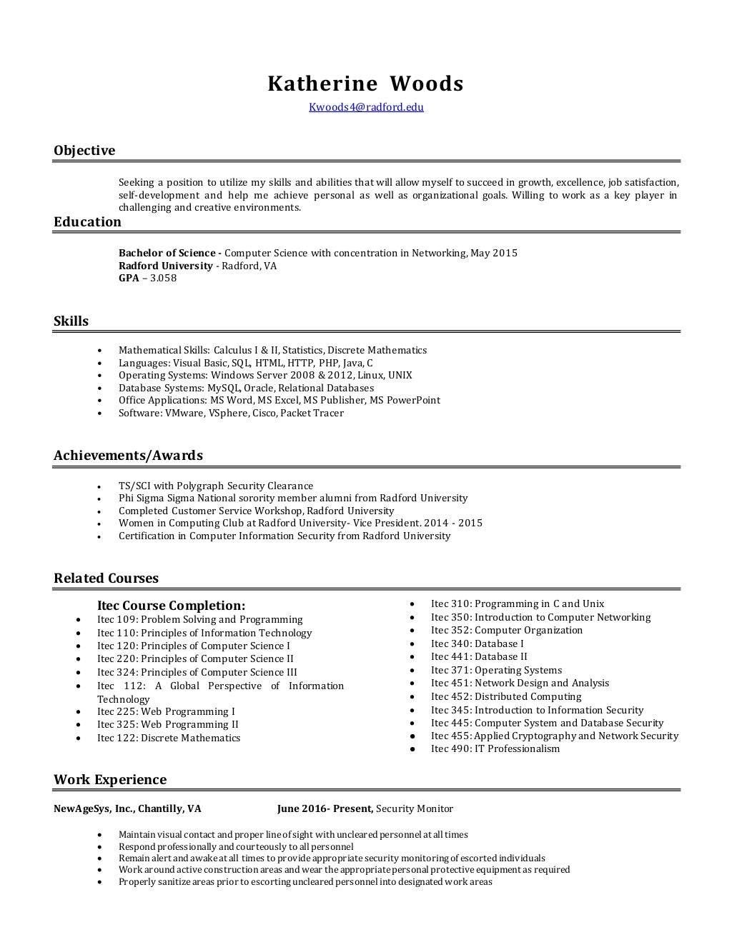 Katherine Woods Resume & Professional Ref