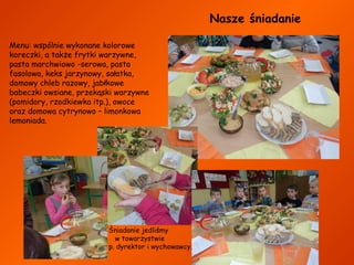 Nasze śniadanie
Menu: wspólnie wykonane kolorowe
koreczki, a także frytki warzywne,
pasta marchwiowo -serowa, pasta
fasolowa, keks jarzynowy, sałatka,
domowy chleb razowy, jabłkowe
babeczki owsiane, przekąski warzywne
(pomidory, rzodkiewka itp.), owoce
oraz domowa cytrynowo – limonkowa
lemoniada.

Śniadanie jedliśmy
w towarzystwie
p. dyrektor i wychowawcy.

 
