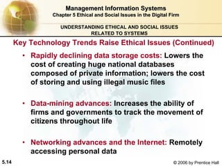 5.14 © 2006 by Prentice Hall
Management Information SystemsManagement Information Systems
Chapter 5Chapter 5 Ethical and Social Issues in the Digital FirmEthical and Social Issues in the Digital Firm
UNDERSTANDING ETHICAL AND SOCIAL ISSUES
RELATED TO SYSTEMS
• Rapidly declining data storage costs: Lowers the
cost of creating huge national databases
composed of private information; lowers the cost
of storing and using illegal music files
• Data-mining advances: Increases the ability of
firms and governments to track the movement of
citizens throughout life
• Networking advances and the Internet: Remotely
accessing personal data
Key Technology Trends Raise Ethical Issues (Continued)
Western university
 