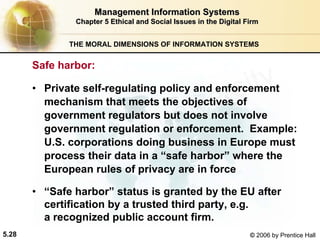 5.28 © 2006 by Prentice Hall
Management Information SystemsManagement Information Systems
Chapter 5Chapter 5 Ethical and Social Issues in the Digital FirmEthical and Social Issues in the Digital Firm
THE MORAL DIMENSIONS OF INFORMATION SYSTEMS
Safe harbor:
• Private self-regulating policy and enforcement
mechanism that meets the objectives of
government regulators but does not involve
government regulation or enforcement. Example:
U.S. corporations doing business in Europe must
process their data in a “safe harbor” where the
European rules of privacy are in force
• “Safe harbor” status is granted by the EU after
certification by a trusted third party, e.g.
a recognized public account firm.
Western university
 