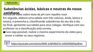 2024_EM_B1_V1
Aplicando
Substâncias ácidas, básicas e neutras do nosso
cotidiano
Assista ao vídeo sobre teste de pH com repolho roxo.
Em seguida, elabore uma tabela com três colunas, ácida, básica e
neutra, e preencha-a, classificando substâncias do seu dia a dia.
Ao final, apresente sua tabela para seus colegas. Verifique com seu
professor se a classificação está correta.
●Caso seja possível, realize o mesmo experimento do vídeo para
testar e validar os seus registros.
https://youtube.com/shorts/MiW_kzMHBzE?si=U6N5tf0JXQqvBrez
 