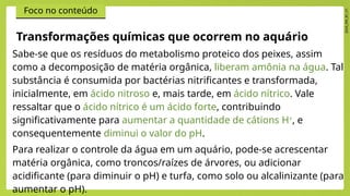 2024_EM_B1_V1
Foco no conteúdo
Transformações químicas que ocorrem no aquário
Sabe-se que os resíduos do metabolismo proteico dos peixes, assim
como a decomposição de matéria orgânica, liberam amônia na água. Tal
substância é consumida por bactérias nitrificantes e transformada,
inicialmente, em ácido nitroso e, mais tarde, em ácido nítrico. Vale
ressaltar que o ácido nítrico é um ácido forte, contribuindo
significativamente para aumentar a quantidade de cátions H+
, e
consequentemente diminui o valor do pH.
Para realizar o controle da água em um aquário, pode-se acrescentar
matéria orgânica, como troncos/raízes de árvores, ou adicionar
acidificante (para diminuir o pH) e turfa, como solo ou alcalinizante (para
aumentar o pH).
 