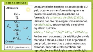 2024_EM_B1_V1
Foco no conteúdo
Em quantidades normais de absorção de CO2
pelo oceano, as transformações químicas
favorecem a utilização do carbono na
formação de carbonato de cálcio (CaCO3),
utilizado por diversos organismos marinhos
na calcificação, estabelecendo o seguinte
equilíbrio químico:​
CaCO3 (s) + CO2 (g) + H2O(l) Ca
↔ 2+
(aq) + 2 HCO3
–
(aq)​
Porém, com o aumento da acidificação, a vida
marinha é afetada, como a dos organismos
que produzem conchas e outras estruturas
calcárias, podendo afetar, também, sua
reprodução, sua fisiologia e sua distribuição
 