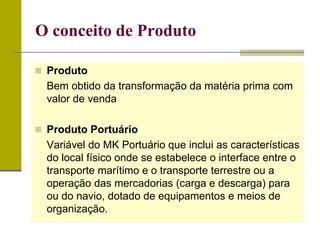  Produto
Bem obtido da transformação da matéria prima com
valor de venda
 Produto Portuário
Variável do MK Portuário que inclui as características
do local físico onde se estabelece o interface entre o
transporte marítimo e o transporte terrestre ou a
operação das mercadorias (carga e descarga) para
ou do navio, dotado de equipamentos e meios de
organização.
O conceito de Produto
 