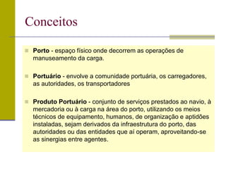 Porto - espaço físico onde decorrem as operações de
manuseamento da carga.
 Portuário - envolve a comunidade portuária, os carregadores,
as autoridades, os transportadores
 Produto Portuário - conjunto de serviços prestados ao navio, à
mercadoria ou à carga na área do porto, utilizando os meios
técnicos de equipamento, humanos, de organização e aptidões
instaladas, sejam derivados da infraestrutura do porto, das
autoridades ou das entidades que aí operam, aproveitando-se
as sinergias entre agentes.
Conceitos
 