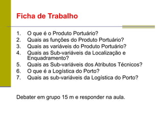 Ficha de Trabalho
1. O que é o Produto Portuário?
2. Quais as funções do Produto Portuário?
3. Quais as variáveis do Produto Portuário?
4. Quais as Sub-variáveis da Localização e
Enquadramento?
5. Quais as Sub-variáveis dos Atributos Técnicos?
6. O que é a Logística do Porto?
7. Quais as sub-variáveis da Logística do Porto?
Debater em grupo 15 m e responder na aula.
 