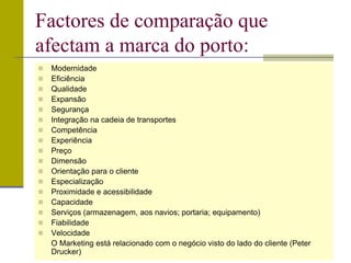  Modernidade
 Eficiência
 Qualidade
 Expansão
 Segurança
 Integração na cadeia de transportes
 Competência
 Experiência
 Preço
 Dimensão
 Orientação para o cliente
 Especialização
 Proximidade e acessibilidade
 Capacidade
 Serviços (armazenagem, aos navios; portaria; equipamento)
 Fiabilidade
 Velocidade
O Marketing está relacionado com o negócio visto do lado do cliente (Peter
Drucker)
Factores de comparação que
afectam a marca do porto:
 