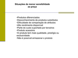 Situações de menor sensibilidade
ao preço
•Produtos diferenciados
•Desconhecimento de produtos substitutos
•Dificuldade de comparação de atributos
•Alto rendimento disponível
•Parte do custo suportado por terceiros
•Produto acessório
•O produto tem mais qualidade, prestígio ou
exclusividade
•Não é possível armazenar o produto
 