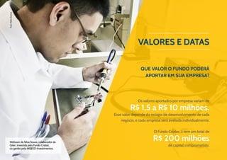 12
Valores e Datas
QUE VALOR O FUNDO PODERÁ
APORTAR EM SUA EMPRESA?
Os valores aportados por empresa variam de
R$ 1,5 a R$ 10 milhões.
Esse valor depende do estágio de desenvolvimento de cada
negócio, e cada empresa será avaliada individualmente.
O Fundo Criatec 3 tem um total de
R$ 200 milhões
de capital comprometido.
Welisson da Silva Souza, colaborador da
Celer, investida pelo Fundo Criatec,
co-gerido pela INSEED Investimentos.
Foto:PedroQueiroz
 
