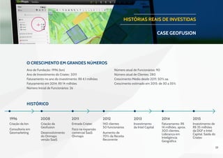 33
histórico
1996 2008 2011 2012 2013 2014 2015
Criação da Ion Criação da
Geofusion
Desenvolvimento
do Onmaps
versão SaaS
Foco na expansão
comercial SaaS
Onmaps
Aumento de
70% da Receita
Recorrente
Consultoria em
Geomarketing
Entrada Criatec 140 clientes
50 funcionários
Investimento
da Intel Capital
Faturamento: R$
14 milhões, aprox.
300 clientes,
Liderança em
Inteligência
Geográfica
Investimento de
R$ 35 milhões
da DGF e Intel
Capital. Saída do
Criatec
HISTÓRIAS REAIS DE INVESTIDAS
CASE geofusion
O Crescimento em Grandes Números
Ano de Fundação: 1996 (Ion)
Ano de Investimento do Criatec: 2011
Faturamento no ano do investimento: R$ 4,1 milhões
Faturamento em 2014: R$ 14 milhões
Número Inicial de Funcionários: 26
Número atual de Funcionários: 90
Número atual de Clientes: 280
Crescimento Médio desde 2011: 50% aa.
Crescimento estimado em 2015: de 30 a 35%
 