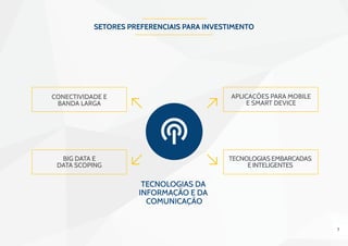 7
Setores preferenciais para investimento
Conectividade e
banda larga
aplicações para mobile
e smart device
tecnologias embarcadas
e inteligentes
big data e
data scoping
 