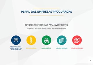 5
PERFIL DAS EMPRESAS PROCURADAS
Setores preferenciais para investimento
O Criatec 3 tem como diretriz investir nos seguin...