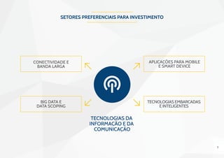 7
Setores preferenciais para investimento
Conectividade e
banda larga
aplicações para mobile
e smart device
tecnologias em...