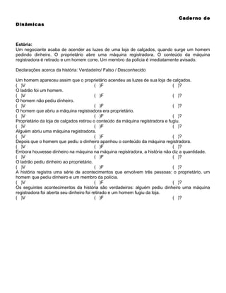 Caderno de
Dinâmicas

Estória:
Um negociante acaba de acender as luzes de uma loja de calçados, quando surge um homem
pedindo dinheiro. O proprietário abre uma máquina registradora. O conteúdo da máquina
registradora é retirado e um homem corre. Um membro da polícia é imediatamente avisado.
Declarações acerca da história: Verdadeiro/ Falso / Desconhecido
Um homem apareceu assim que o proprietário acendeu as luzes de sua loja de calçados.
( )V
( )F
( )?
O ladrão foi um homem.
( )V
( )F
( )?
O homem não pediu dinheiro.
( )V
( )F
( )?
O homem que abriu a máquina registradora era proprietário.
( )V
( )F
( )?
Proprietário da loja de calçados retirou o conteúdo da máquina registradora e fugiu.
( )V
( )F
( )?
Alguém abriu uma máquina registradora.
( )V
( )F
( )?
Depois que o homem que pediu o dinheiro apanhou o conteúdo da máquina registradora.
( )V
( )F
( )?
Embora houvesse dinheiro na máquina na máquina registradora, a história não diz a quantidade.
( )V
( )F
( )?
O ladrão pediu dinheiro ao proprietário.
( )V
( )F
( )?
A história registra uma série de acontecimentos que envolvem três pessoas: o proprietário, um
homem que pediu dinheiro e um membro da polícia.
( )V
( )F
( )?
Os seguintes acontecimentos da história são verdadeiros: alguém pediu dinheiro uma máquina
registradora foi aberta seu dinheiro foi retirado e um homem fugiu da loja.
( )V
( )F
( )?

 