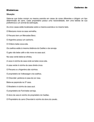 Caderno de
Dinâmicas
Situação:
Sabe-se que todos moram na mesma avenida em casas de cores diferentes e dirigem um tipo
determinado de carro. Cada proprietário possui uma nacionalidade, tem uma bebida de sua
preferência e um animal de estimação.
As cinco casas estão localizadas sobre a mesma avenida e no mesmo lado.
O Mexicano mora na casa vermelha.
O Peruano tem um Mercedes Benz.
O Argentino possui um cachorro.
O Chileno bebe coca-cola.
Os coelhos estão à mesma distância do Cadilac e da cerveja.
O gato não bebe café e não mora na casa azul.
Na casa verde bebe-se whisky.
A vaca é vizinha da casa onde se bebe coca-cola.
A casa verde é vizinha da casa direita cinza.
O Peruano e o Argentino são vizinhos.
O proprietário do Volkswagen cria coelhos.
O Chevrolet pertence à casa de cor rosa.
Bebe-se pepsicola na 3ª casa.
O Brasileiro é vizinho da casa azul.
O proprietário do Ford bebe cerveja.
O dono da vaca é vizinho do proprietário do Cadilac.
O Proprietário do carro Chevrolet é vizinho do dono do cavalo.

 