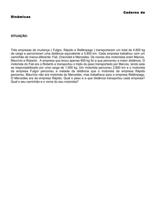 Caderno de
Dinâmicas

SITUAÇÃO:

Três empresas de mudança ( Fulgor, Rápido e Relâmpago ) transportaram um total de 4.800 kg
de carga e percorreram uma distância equivalente a 5.800 km. Cada empresa trabalhou com um
caminhão de marca diferente: Fiat, Chevrolet e Mercedes. Os nomes dos motoristas eram Marcos,
Maurício e Roberto. A empresa que levou apenas 800 kg foi a que percorreu a maior distância. O
motorista do Fiat era o Roberto e transportou o triplo do peso transportado por Marcos, tendo este
se responsabilizado por uma carga de 1.000 kg. Um motorista percorreu 2.800 km e o motorista
da empresa Fulgor percorreu a metade da distância que o motorista da empresa Rápido
percorreu. Maurício não era motorista do Mercedes, mas trabalhava para a empresa Relâmpago.
O Mercedes era da empresa Rápido. Qual o peso e a que distância transportou cada empresa?
Qual o seu caminhão e o nome do seu motorista?

 