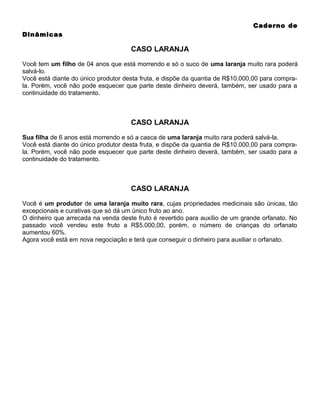Caderno de
Dinâmicas

CASO LARANJA
Você tem um filho de 04 anos que está morrendo e só o suco de uma laranja muito rara poderá
salvá-lo.
Você está diante do único produtor desta fruta, e dispõe da quantia de R$10.000,00 para comprala. Porém, você não pode esquecer que parte deste dinheiro deverá, também, ser usado para a
continuidade do tratamento.

CASO LARANJA
Sua filha de 6 anos está morrendo e só a casca de uma laranja muito rara poderá salvá-la.
Você está diante do único produtor desta fruta, e dispõe da quantia de R$10.000,00 para comprala. Porém, você não pode esquecer que parte deste dinheiro deverá, também, ser usado para a
continuidade do tratamento.

CASO LARANJA
Você é um produtor de uma laranja muito rara, cujas propriedades medicinais são únicas, tão
excepcionais e curativas que só dá um único fruto ao ano.
O dinheiro que arrecada na venda deste fruto é revertido para auxílio de um grande orfanato. No
passado você vendeu este fruto a R$5.000,00, porém, o número de crianças do orfanato
aumentou 60%.
Agora você está em nova negociação e terá que conseguir o dinheiro para auxiliar o orfanato.

 