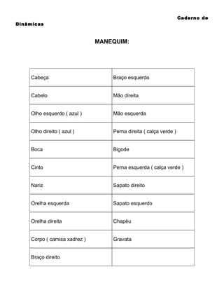 Caderno de
Dinâmicas

MANEQUIM:

Cabeça

Braço esquerdo

Cabelo

Mão direita

Olho esquerdo ( azul )

Mão esquerda

Olho direito ( azul )

Perna direita ( calça verde )

Boca

Bigode

Cinto

Perna esquerda ( calça verde )

Nariz

Sapato direito

Orelha esquerda

Sapato esquerdo

Orelha direita

Chapéu

Corpo ( camisa xadrez )

Gravata

Braço direito

 