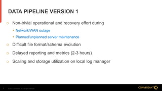 © 2014, Conversant, Inc. All rights reserved.7
 Non-trivial operational and recovery effort during
• Network/WAN outage
• Planned/unplanned server maintenance
 Difficult file format/schema evolution
 Delayed reporting and metrics (2-3 hours)
 Scaling and storage utilization on local log manager
DATA PIPELINE VERSION 1
 