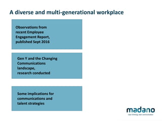 A diverse and multi-generational workplace
Observations from
recent Employee
Engagement Report,
published Sept 2016
Gen Y and the Changing
Communications
landscape,
research conducted
Some implications for
communications and
talent strategies
 