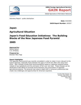 Voluntary Report - public distribution
Date: 9/8/2005
GAIN Report Number: JA5057
JA5057
Japan
Agricultural Situation
Japan’s Food Education Initiatives: The Building
Blocks of the New Japanese Food Pyramid
2005
Approved by:
Rachel Nelson
U.S. Embassy
Prepared by:
Brandon Marc Higa
Report Highlights:
The Japanese food pyramid was recently remodeled in order to make it more relevant to the
typical Japanese, especially those between the ages of 18-49 who often dine away from
home. Main changes include food recommendations based on Japanese prepared dishes
instead of raw ingredients and the promotion of fish over red meat. These changes can be
attributed to GOJ efforts to promote local production and consumption of Japanese
agricultural products. The pyramid may cause a slight shift in consumer preferences that
create new challenges and opportunities for American exporters.
Includes PSD Changes: No
Includes Trade Matrix: No
Unscheduled Report
Tokyo [JA1]
[JA]
USDA Foreign Agricultural Service
GAIN Report
Global Agriculture Information Network
Template Version 2.09
 