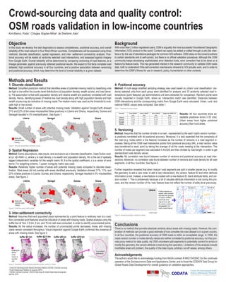 Crowd-sourcing data and quality control:
OSM roads validation in low-income countriesKim-Blanco, Paola1
; Cîrlugea, Bogdan-Mihai2
; de Sherbinin, Alex3
1
Center for International Earth Science Information Network (CIESIN), Columbia University.
2
École Polytechnique Fédérale de Lausanne (EPFL)
3
CIESIN, Columbia University; CODATA Task Group for Global Roads Data Development.
April 6th, 2016.
In this study we develop five test diagnostics to assess completeness, positional accuracy, and overall
reliability of the road network in four West African countries. Completeness will be assessed using three
methods: discrete classification, spatial regression, and inter- settlement connectivity analysis. Posi-
tional accuracy will be tested at randomly selected road intersections, and assessed against imagery
from Google Earth. Overall reliability will be determined by comparing versioning of road features, as a
lineage parameter, against previously obtained positional results. We expect to find fairly complete road
datasets; high positional accuracy in all four countries; and a positive association between versioning
and positional accuracy, which may determine the level of overall reliability in a given dataset.
With more than 2 million registered users, OSM is arguably the most successful Volunteered Geographic
Information (VGI) product in the world. Content can easily be added or edited through a wiki-like inter-
face or by the use of standalone packages for common GIS software. OSM relies on the crowd to adhere
to certain standards and to self-correct, but there is no official validation procedure. Although the OSM
community keeps developing sophisticated error detection tools, error correction has to be done on a
feature-by-feature basis. This has generated interest in the research community to validate OSM roads
data, both to understand if the self-correction mechanisms inherent to VGI actually work, and in order to
determine the OSM’s fitness for use in research, policy, humanitarian or other contexts.
4- Positional accuracy
Method: A multi-stage stratified sampling strategy was used based on urban/ rural classification: ran-
domly selected units from each group were identified for analysis; and 10 randomly selected road in-
tersections (point features) per administrative unit were extracted for comparison. Random points were
visually inspected in Google Earth, where an ‘intersection match’ was identified. Distances between
OSM intersections and the corresponding match from Google Earth were calculated. Urban, rural, and
national RMSE values were computed. See table 1.
1- Discrete classification
Method: Simplified prediction method that identifies areas of potential missing roads by classifying units
as high or low within the country-level distributions of population density, wealth scores, and road densi-
ty. The assumption is that both population density and relative wealth are positively correlated with road
density. Hence, identifying areas of relative low road density along with high population density and high
wealth scores may be indicative of missing roads.The median metric was used as the threshold to eval-
uate high or low scores.
Results: Small number of areas with potential missing roads. Validation against Google Earth showed
21% and 22% of the areas misclassified (false positives) in Liberia and Ghana, respectively. Guinea and
Senegall resulted in 0% misclssification. See figure 1. Results: All four countries show ac-
ceptable positional errors (<32 mts).
Urban areas have higher positional
accuracy than rural areas.
2- Spatial Regression
Method: Same assumptions, data inputs, and exclusions as in discrete classification. Used Durbin mod-
el (y= xβ+Wxθ+ ε), where y is road density, x is wealth and population density, Wx is the set of spatially
lagged independent variables for the weight matrix W, θ is the spatial coefficient, ε is a vector of error
terms. For weighting scheme, 1-queen contiguity matrix was used.
Results: Relatively higher number of areas with potential missing roads compared to discrete classi-
fication. Most areas did not overlap with areas identified previously. Validation showed 31%, 11%, and
23% of false positives in Liberia, Guinea, and Ghana, respectively. Senegal resulted in 0% misclassified
areas. See figure 2.
3- Inter-settlement connectivity
Method: Assumes that each populated place represented by a point feature is relatively near to a road.
Non-connected point features would be indicative of areas with missing roads. Spatial analysis using the
buffer tool at 1km, 2.5 km, 5 km, and 10 km radii was conducted, in order to identify unconnected points.
Results: As the radius increases, the number of unconnected points decreases. Areas with missing
roads remain consistent throughout. Visual inspection against Google Earth confirmed the presence of
areas with missing roads. See figure 3.
Acknowledgements
The authors would like to acknowledge funding from NASA contract # NNG13HQ04C for the continued
operation of the Socioeconomic Data and Applications Center, and to thank the CODATATask Group for
Global Roads Data Development for overall guidance on validation approaches.
Conclusions
There is no method that provides absolute certainty about areas with missing roads. However, the com-
bination of methods can provide a good estimate of how complete the road dataset is in a given country.
In all four countries, the positional accuracy of OSM roads is within an acceptable range. In OSM, the
roads version number or nodes density values are neither correlated to positional accuracy, nor they pro-
vide proxy metrics for data quality. As OSM volunteers split segments to potentially correct for errors or
modify the geometry, the version attribute is lost during this operation. Limitations of this analysis include
modifiable areal unit problem, the quality of the data inputs, arbitrary cut-off values, among others.
5- Versioning
Method: Assumes that the number of edits in a road --represented by the each road’s version number--
is positively correlated with its positional accuracy. Moreover, it is also expected that the complexity of
the road (e.g. nodes within a line feature) increases as the number of versions in a road segment in-
creases.Taking all the OSM road intersection points from positional accuracy (#4), a road version value
was transferred to each point by taking the average of all the roads meeting at the intersection. The
number of nodes per segment was calculated in ArcGIS and then divided by road length, in order to get
standardized node density values.
Results: No correlation was found between number of versions and positional accuracy at road inter-
sections. Moreover, no correlation was found between number of versions and node density for all road
segments, in all four countries. See figure 4.
Further inspection revealed that when ‘mature’ road segments are split in smaller pieces (e.g. to modify
the geometry, to add a new node, to add a new intersection), the version, feature ID and other attribute
information is lost. Instead, a new feature is created with a new feature ID, blank attribute fields, and ver-
sion number 1. This is problematic because a lot of valuable attribute information is lost during this pro-
cess, and the version number of the ‘new’ feature does not reflect the number of edits done previously.
Objective Background
Methods and Results
Figure 1. Discrete classification prediction results.
Figure 2. Prediction using Durbin model.
Figure 3. Distribution of unconnected settlement points, results for Ghana.
Table 1. Positional accuracy results
Figure 4. Versioning analysis, results for Liberia.
 