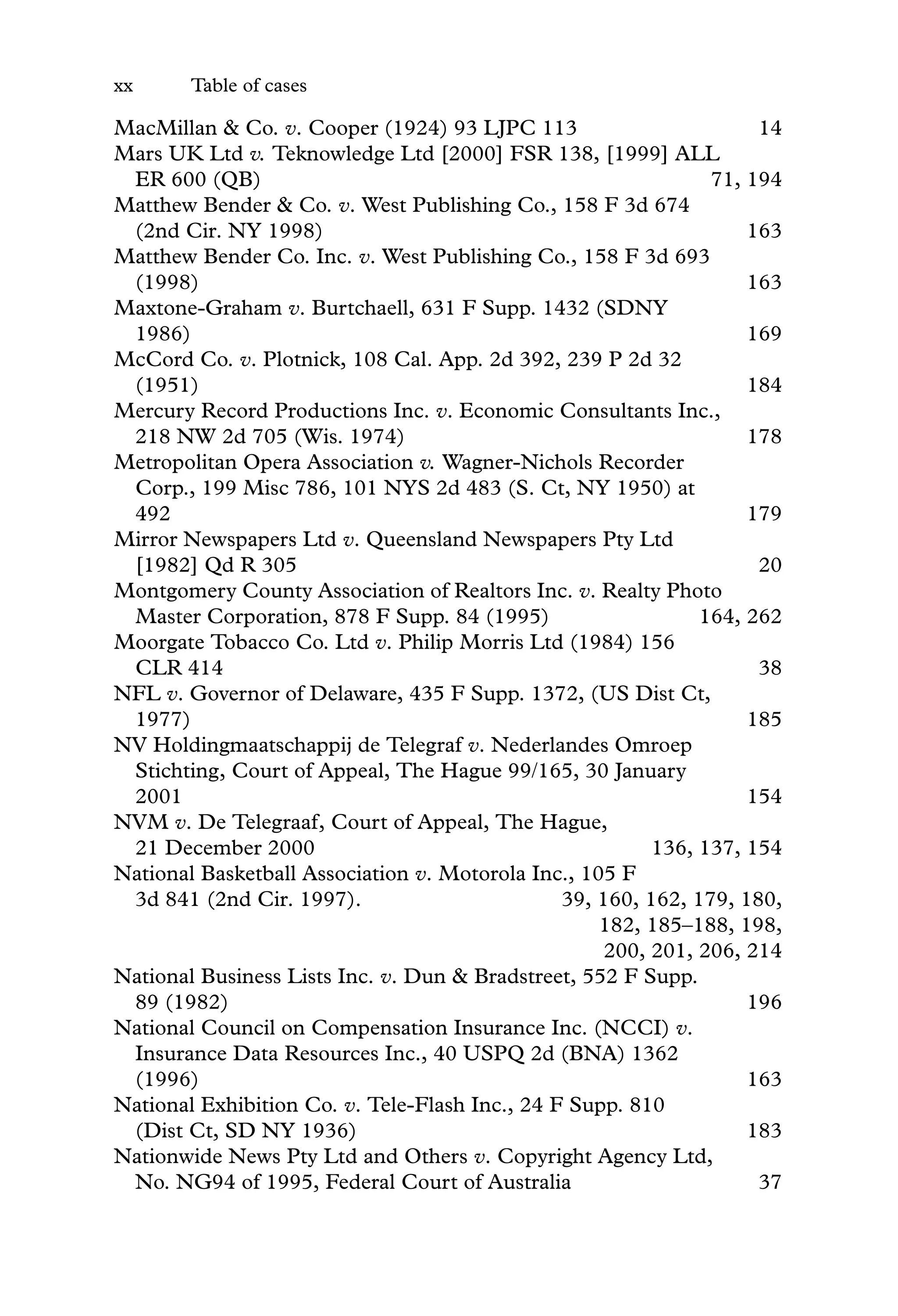 xx Table of cases
MacMillan & Co. v. Cooper (1924) 93 LJPC 113 14
Mars UK Ltd v. Teknowledge Ltd [2000] FSR 138, [1999] ALL
ER 600 (QB) 71, 194
Matthew Bender & Co. v. West Publishing Co., 158 F 3d 674
(2nd Cir. NY 1998) 163
Matthew Bender Co. Inc. v. West Publishing Co., 158 F 3d 693
(1998) 163
Maxtone-Graham v. Burtchaell, 631 F Supp. 1432 (SDNY
1986) 169
McCord Co. v. Plotnick, 108 Cal. App. 2d 392, 239 P 2d 32
(1951) 184
Mercury Record Productions Inc. v. Economic Consultants Inc.,
218 NW 2d 705 (Wis. 1974) 178
Metropolitan Opera Association v. Wagner-Nichols Recorder
Corp., 199 Misc 786, 101 NYS 2d 483 (S. Ct, NY 1950) at
492 179
Mirror Newspapers Ltd v. Queensland Newspapers Pty Ltd
[1982] Qd R 305 20
Montgomery County Association of Realtors Inc. v. Realty Photo
Master Corporation, 878 F Supp. 84 (1995) 164, 262
Moorgate Tobacco Co. Ltd v. Philip Morris Ltd (1984) 156
CLR 414 38
NFL v. Governor of Delaware, 435 F Supp. 1372, (US Dist Ct,
1977) 185
NV Holdingmaatschappij de Telegraf v. Nederlandes Omroep
Stichting, Court of Appeal, The Hague 99/165, 30 January
2001 154
NVM v. De Telegraaf, Court of Appeal, The Hague,
21 December 2000 136, 137, 154
National Basketball Association v. Motorola Inc., 105 F
3d 841 (2nd Cir. 1997). 39, 160, 162, 179, 180,
182, 185–188, 198,
200, 201, 206, 214
National Business Lists Inc. v. Dun & Bradstreet, 552 F Supp.
89 (1982) 196
National Council on Compensation Insurance Inc. (NCCI) v.
Insurance Data Resources Inc., 40 USPQ 2d (BNA) 1362
(1996) 163
National Exhibition Co. v. Tele-Flash Inc., 24 F Supp. 810
(Dist Ct, SD NY 1936) 183
Nationwide News Pty Ltd and Others v. Copyright Agency Ltd,
No. NG94 of 1995, Federal Court of Australia 37
 