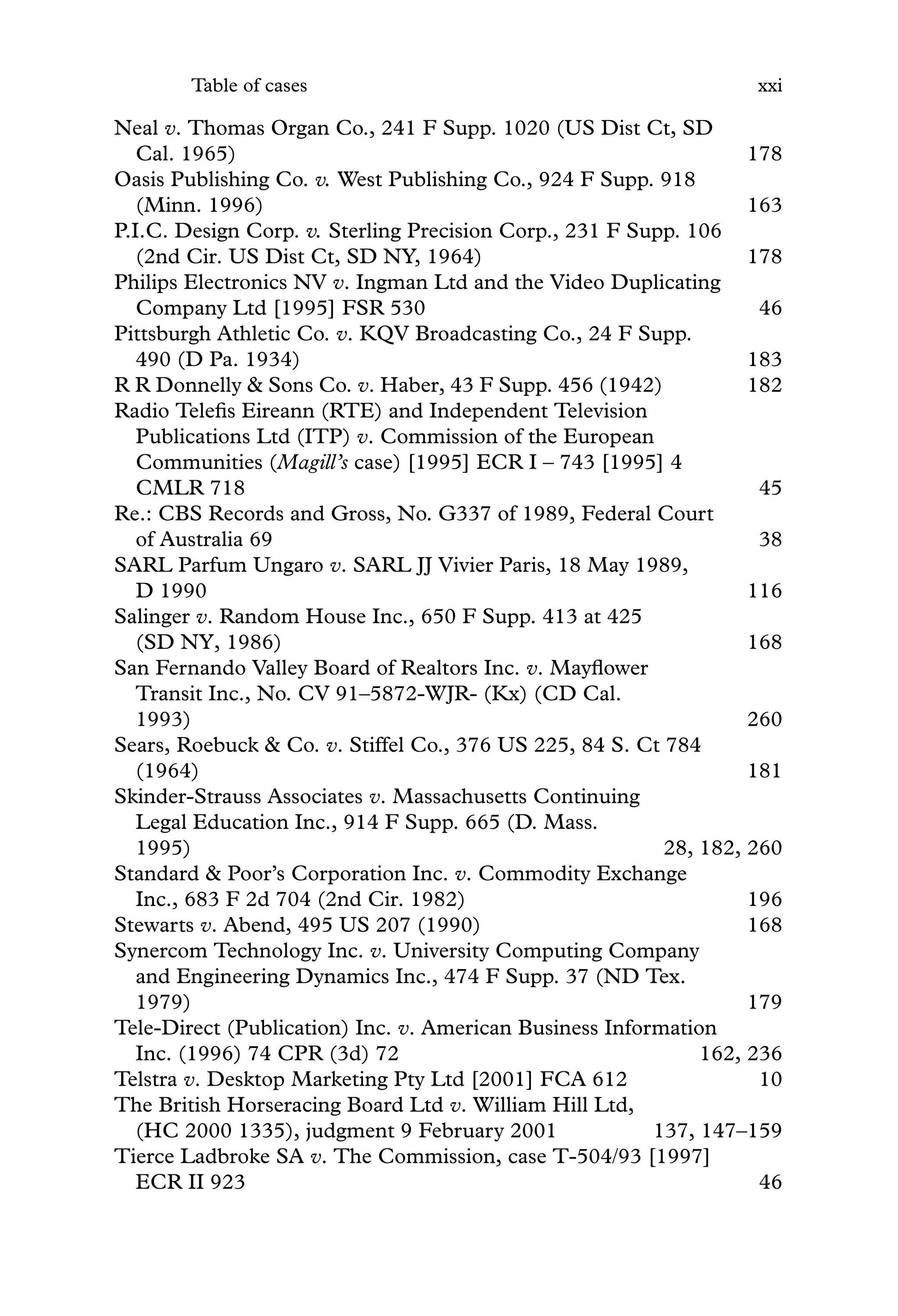 Table of cases xxi
Neal v. Thomas Organ Co., 241 F Supp. 1020 (US Dist Ct, SD
Cal. 1965) 178
Oasis Publishing Co. v. West Publishing Co., 924 F Supp. 918
(Minn. 1996) 163
P.I.C. Design Corp. v. Sterling Precision Corp., 231 F Supp. 106
(2nd Cir. US Dist Ct, SD NY, 1964) 178
Philips Electronics NV v. Ingman Ltd and the Video Duplicating
Company Ltd [1995] FSR 530 46
Pittsburgh Athletic Co. v. KQV Broadcasting Co., 24 F Supp.
490 (D Pa. 1934) 183
R R Donnelly & Sons Co. v. Haber, 43 F Supp. 456 (1942) 182
Radio Teleﬁs Eireann (RTE) and Independent Television
Publications Ltd (ITP) v. Commission of the European
Communities (Magill’s case) [1995] ECR I – 743 [1995] 4
CMLR 718 45
Re.: CBS Records and Gross, No. G337 of 1989, Federal Court
of Australia 69 38
SARL Parfum Ungaro v. SARL JJ Vivier Paris, 18 May 1989,
D 1990 116
Salinger v. Random House Inc., 650 F Supp. 413 at 425
(SD NY, 1986) 168
San Fernando Valley Board of Realtors Inc. v. Mayﬂower
Transit Inc., No. CV 91–5872-WJR- (Kx) (CD Cal.
1993) 260
Sears, Roebuck & Co. v. Stiffel Co., 376 US 225, 84 S. Ct 784
(1964) 181
Skinder-Strauss Associates v. Massachusetts Continuing
Legal Education Inc., 914 F Supp. 665 (D. Mass.
1995) 28, 182, 260
Standard & Poor’s Corporation Inc. v. Commodity Exchange
Inc., 683 F 2d 704 (2nd Cir. 1982) 196
Stewarts v. Abend, 495 US 207 (1990) 168
Synercom Technology Inc. v. University Computing Company
and Engineering Dynamics Inc., 474 F Supp. 37 (ND Tex.
1979) 179
Tele-Direct (Publication) Inc. v. American Business Information
Inc. (1996) 74 CPR (3d) 72 162, 236
Telstra v. Desktop Marketing Pty Ltd [2001] FCA 612 10
The British Horseracing Board Ltd v. William Hill Ltd,
(HC 2000 1335), judgment 9 February 2001 137, 147–159
Tierce Ladbroke SA v. The Commission, case T-504/93 [1997]
ECR II 923 46
 
