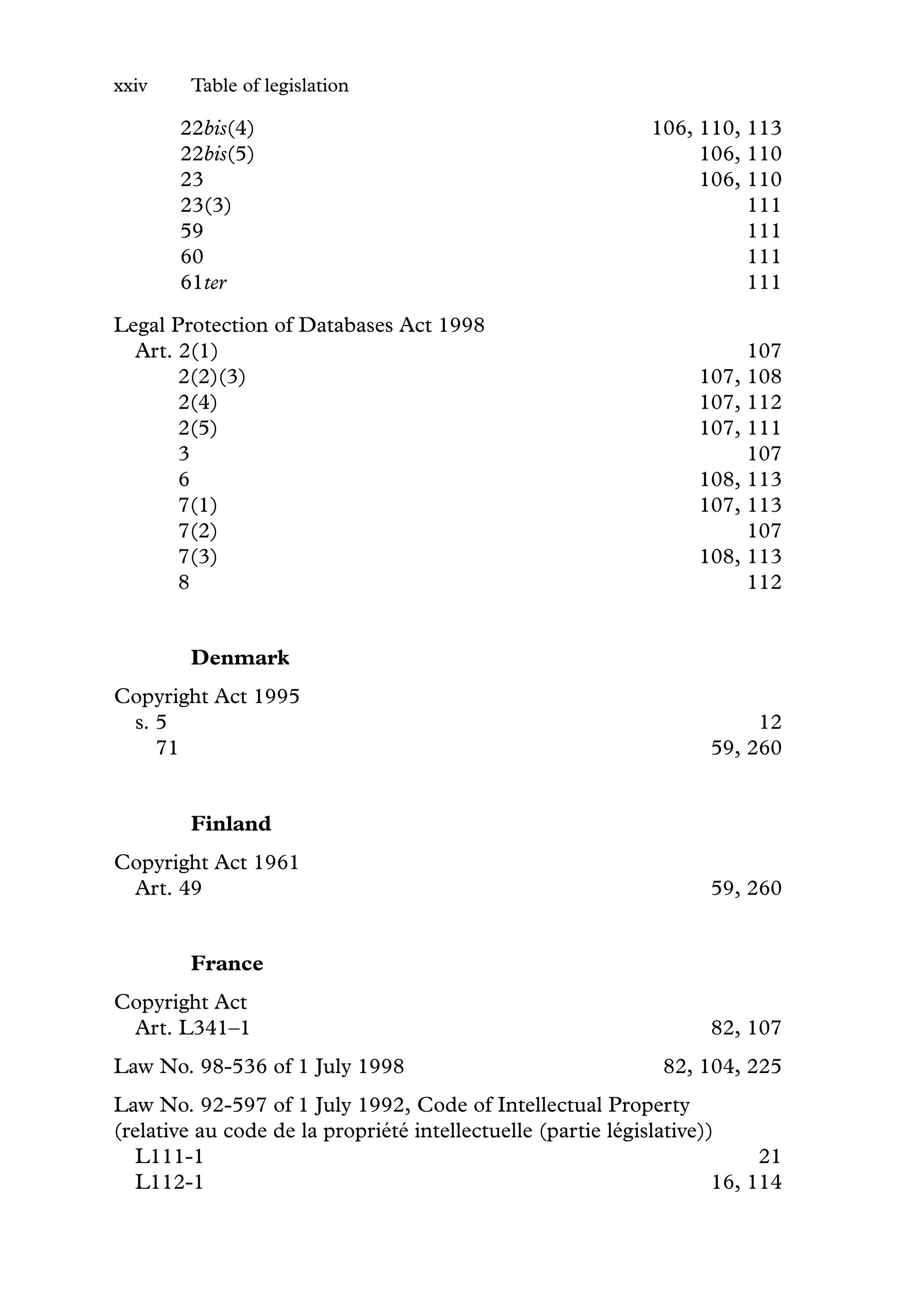 xxiv Table of legislation
22bis(4) 106, 110, 113
22bis(5) 106, 110
23 106, 110
23(3) 111
59 111
60 111
61ter 111
Legal Protection of Databases Act 1998
Art. 2(1) 107
2(2)(3) 107, 108
2(4) 107, 112
2(5) 107, 111
3 107
6 108, 113
7(1) 107, 113
7(2) 107
7(3) 108, 113
8 112
Denmark
Copyright Act 1995
s. 5 12
71 59, 260
Finland
Copyright Act 1961
Art. 49 59, 260
France
Copyright Act
Art. L341–1 82, 107
Law No. 98-536 of 1 July 1998 82, 104, 225
Law No. 92-597 of 1 July 1992, Code of Intellectual Property
(relative au code de la propriété intellectuelle (partie législative))
L111-1 21
L112-1 16, 114
 