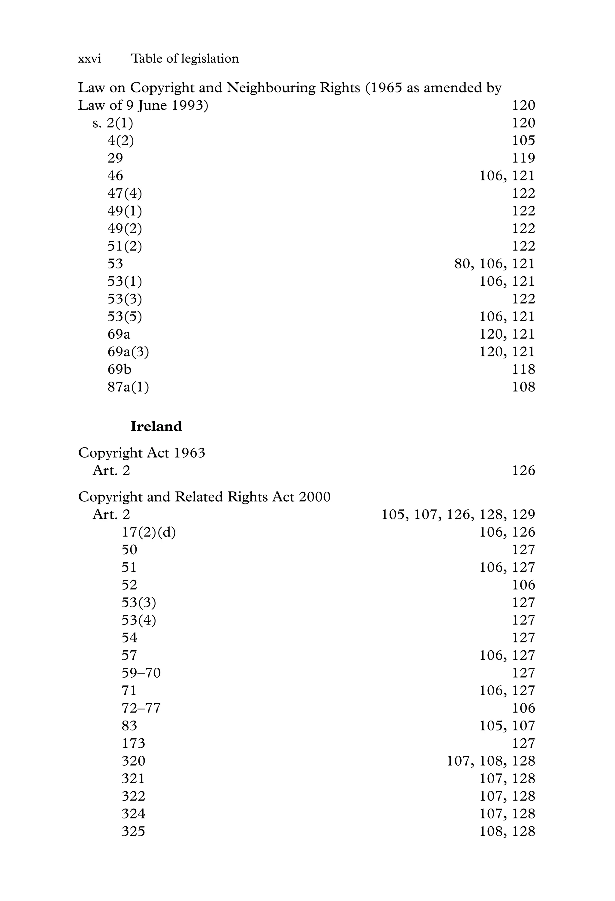 xxvi Table of legislation
Law on Copyright and Neighbouring Rights (1965 as amended by
Law of 9 June 1993) 120
s. 2(1) 120
4(2) 105
29 119
46 106, 121
47(4) 122
49(1) 122
49(2) 122
51(2) 122
53 80, 106, 121
53(1) 106, 121
53(3) 122
53(5) 106, 121
69a 120, 121
69a(3) 120, 121
69b 118
87a(1) 108
Ireland
Copyright Act 1963
Art. 2 126
Copyright and Related Rights Act 2000
Art. 2 105, 107, 126, 128, 129
17(2)(d) 106, 126
50 127
51 106, 127
52 106
53(3) 127
53(4) 127
54 127
57 106, 127
59–70 127
71 106, 127
72–77 106
83 105, 107
173 127
320 107, 108, 128
321 107, 128
322 107, 128
324 107, 128
325 108, 128
 