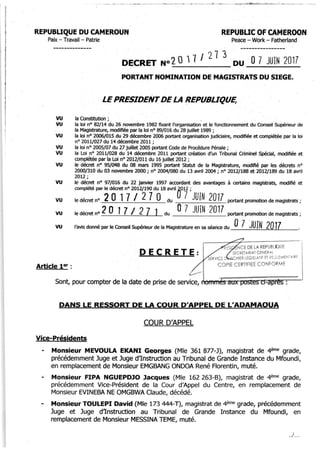 Paul Biya - Président du Cameroun - Décret N°2017/274 du 7 juin 2017 portant nomination de Magistrats du Siège dans les Tribunaux Administratifs