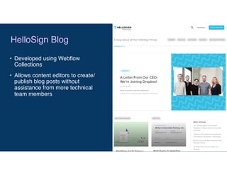 • Developed using Webflow
Collections
• Allows content editors to create/
publish blog posts without
assistance from more ...