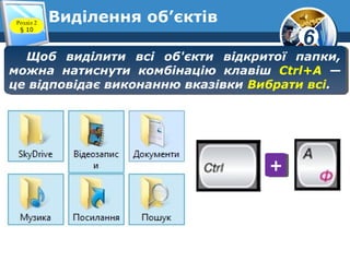6
Виділення об’єктівРозділ 2
§ 10
Щоб виділити всі об'єкти відкритої папки,
можна натиснути комбінацію клавіш Ctrl+A —
це відповідає виконанню вказівки Вибрати всі.
Щоб виділити всі об'єкти відкритої папки,
можна натиснути комбінацію клавіш Ctrl+A —
це відповідає виконанню вказівки Вибрати всі.
++
 