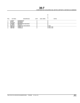 30-7
COMPONENTES AUXILIARES DEL MOTOR, DEPOSITO, SISTEMA DE ADMISION
6
1
1
0
POS. NO.PIEZA DESCRIPCION CANT NUM. SERIE J NOTAS
1 L155927 ESPARRAGO 2 X
2 T62323 ARANDELA 4 X
3 AL161468 AISLANTE 4 X
4 L156986 RETENEDOR REDONDO 4 X
5 AL154541 ANGULO 2 X
6 14M7319 TUERCA DE SEGURIDAD 2 X M12
7 19M7496 TORNILLO 4 X M12 X 45
8 19M7364 TORNILLO 2 X M12 X 80
TRACTOR 6110J (EDICION SUDAMERICANA) PC8538S (01-JUL-10) 30-7
PN=109
 