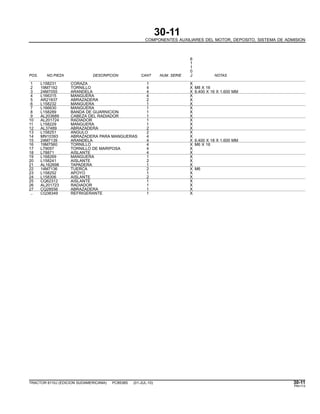 30-11
COMPONENTES AUXILIARES DEL MOTOR, DEPOSITO, SISTEMA DE ADMISION
6
1
1
0
POS. NO.PIEZA DESCRIPCION CANT NUM. SERIE J NOTAS
1 L158231 CORAZA 1 X
2 19M7162 TORNILLO 4 X M8 X 16
3 24M7055 ARANDELA 4 X 8.400 X 16 X 1.600 MM
4 L166315 MANGUERA 4 X
5 AR21837 ABRAZADERA 2 X
6 L158232 MANGUERA 1 X
7 L166630 MANGUERA 1 X
8 L158289 BANDA DE GUARNICION 1 X
9 AL203689 CABEZA DEL RADIADOR 1 X
10 AL201724 RADIADOR 1 X
11 L158229 MANGUERA 1 X
12 AL37489 ABRAZADERA 2 X
13 L158251 ANGULO 2 X
14 MN10393 ABRAZADERA PARA MANGUERAS 4 X
15 24M7139 ARANDELA 4 X 6.400 X 18 X 1.600 MM
16 19M7560 TORNILLO 4 X M6 X 16
17 L79057 TORNILLO DE MARIPOSA 4 X
18 L78871 AISLANTE 4 X
19 L168269 MANGUERA 1 X
20 L158241 AISLANTE 2 X
21 AL162698 TAPADERA 1 X
22 14M7136 TUERCA 2 X M6
23 L158252 APOYO 1 X
24 L158306 AISLANTE 2 X
25 CQ62312 AISLANTE 1 X
26 AL201723 RADIADOR 1 X
27 CQ28556 ABRAZADERA 1 X
.. CQ38349 REFRIGERANTE 1 X
TRACTOR 6110J (EDICION SUDAMERICANA) PC8538S (01-JUL-10) 30-11
PN=113
 