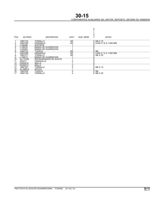 30-15
COMPONENTES AUXILIARES DEL MOTOR, DEPOSITO, SISTEMA DE ADMISION
6
1
1
0
POS. NO.PIEZA DESCRIPCION CANT NUM. SERIE J NOTAS
1 19M7162 TORNILLO AR X M8 X 16
2 24M7055 ARANDELA AR X 8.400 X 16 X 1.600 MM
3 L168286 SOPORTE 1 X
4 L158235 BANDA DE GUARNICION 1 X
5 L165282 BANDA DE GUARNICION 1 X
6 14M7272 TUERCA AR X M6
7 24M7088 ARANDELA AR X 6.600 X 12 X 1.600 MM
8 19M7077 TORNILLO AR X M6 X 20
9 L159013 BANDA DE GUARNICION 1 X
10 AL172765 REFRIGERADOR DE ACEITE 1 X
11 Z35271 CASQUILLO 2 X
12 DQ52819 MALLA 1 X
13 DQ52819 MALLA 2 X
14 19M7297 TORNILLO 4 X M8 X 12
15 AL168815 APOYO 1 X
16 14M7029 TUERCA 4 X M8
17 19M7139 TORNILLO 4 X M8 X 20
TRACTOR 6110J (EDICION SUDAMERICANA) PC8538S (01-JUL-10) 30-15
PN=117
 