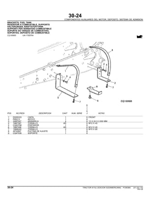 30-24
COMPONENTES AUXILIARES DEL MOTOR, DEPOSITO, SISTEMA DE ADMISION
BRACKETS, FUEL TANK
RESERVOIR A COMBUSTIBLE, SUPPORTS
HALTERUNGEN, KRAFTSTOFFTANK
SUPPORTI PER SERBATOIO COMBUSTIBILE
SUPORTE DO TANQUE DE COMBUSTIVEL
SOPORTES, DEPOSITO DE COMBUSTIBLE
CQ155900 -UN-17SEP04
6
1
1
0
POS. NO.PIEZA DESCRIPCION CANT NUM. SERIE J NOTAS
1 DQ55333 CINTA 1 X FRONT
2 P60213 APOYO 1 X
3 24M7047 ARANDELA 4 X 13 X 24 X 2.500 MM
4 19M7387 TORNILLO AR X M12 X 40
5 CQ63798 PORTADOR 1 X
6 19M7496 TORNILLO AR X M12 X 45
7 19M8049 TORNILLO 2 X M10 X 80
8 AP32897 PLETINA DE AJUSTE 1 X
9 CQ47036 SOPORTE 1 X
30-24 TRACTOR 6110J (EDICION SUDAMERICANA) PC8538S (01-JUL-10)
PN=126
 